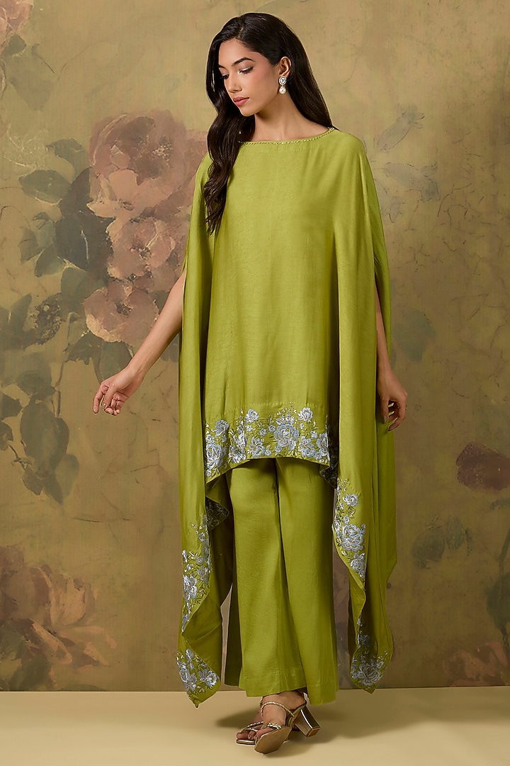 Green Modal Satin Sequins Embroidered High-Low Kaftan Set by The House of Ta-Ya at Pernia's Pop Up Shop