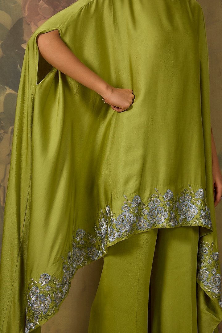 Green Modal Satin Sequins Embroidered High-Low Kaftan Set by The House of Ta-Ya at Pernia's Pop Up Shop