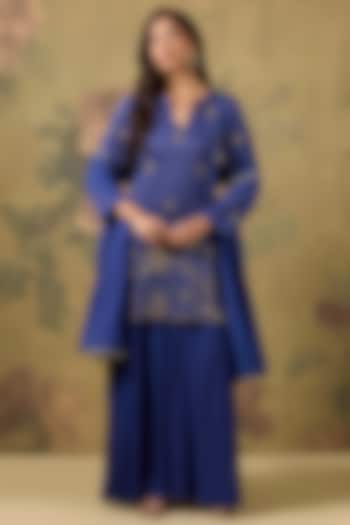 Royal Blue Modal Satin Zari Embroidered Kurta Set by The House of Ta-Ya at Pernia's Pop Up Shop