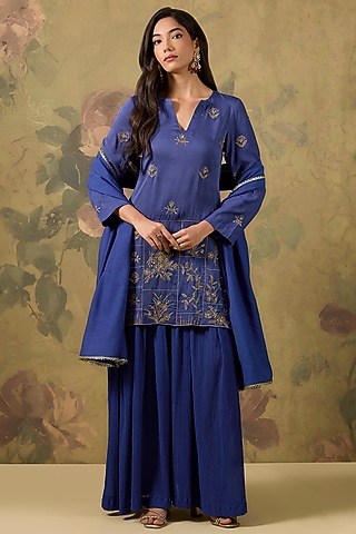 Royal Blue Modal Satin Zari Embroidered Kurta Set by The House of Ta-Ya