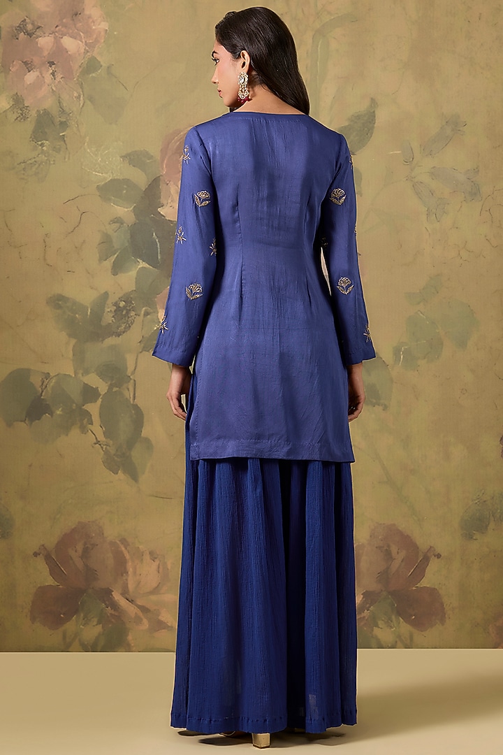 Royal Blue Modal Satin Zari Embroidered Kurta Set by The House of Ta-Ya at Pernia's Pop Up Shop