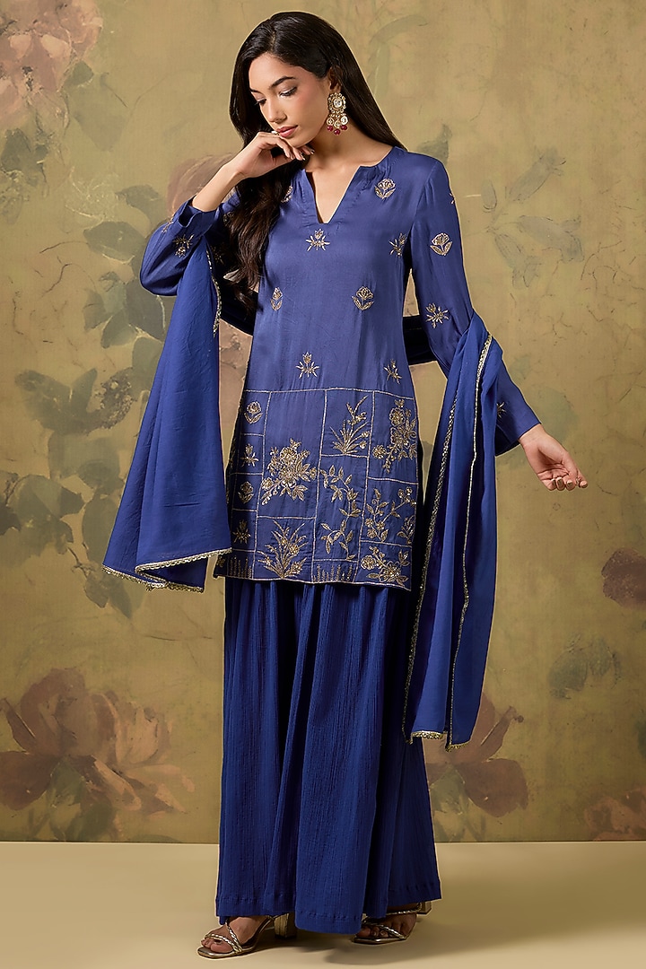 Royal Blue Modal Satin Zari Embroidered Kurta Set by The House of Ta-Ya at Pernia's Pop Up Shop