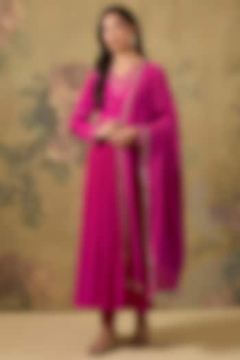 Fuchsia Pink Cotton Floral Hand Embroidered Party Wear Anarkali Set by The House of Ta-Ya at Pernia's Pop Up Shop