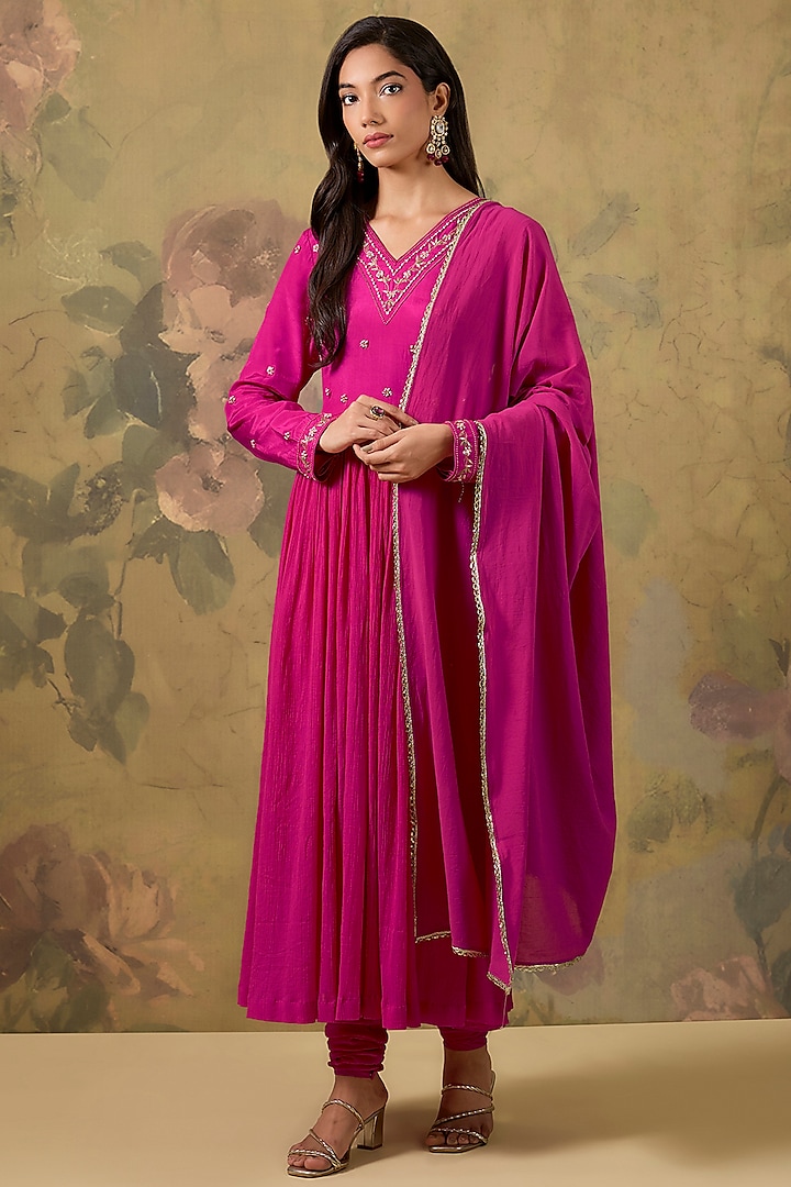 Fuchsia Pink Cotton Floral Hand Embroidered Party Wear Anarkali Set by The House of Ta-Ya at Pernia's Pop Up Shop