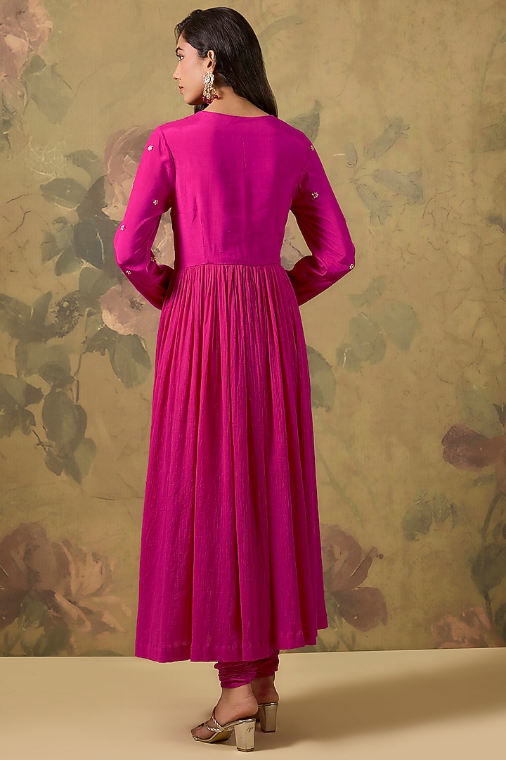 Fuchsia Pink Cotton Floral Hand Embroidered Party Wear Anarkali Set by The House of Ta-Ya at Pernia's Pop Up Shop