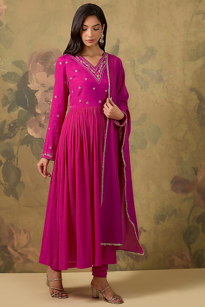 Fuchsia Pink Cotton Floral Hand Embroidered Party Wear Anarkali Set by The House of Ta-Ya at Pernia's Pop Up Shop