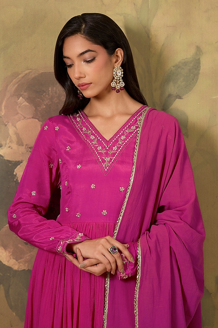 Fuchsia Pink Cotton Floral Hand Embroidered Party Wear Anarkali Set by The House of Ta-Ya at Pernia's Pop Up Shop