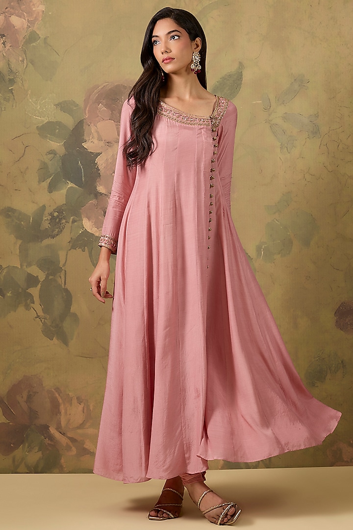 Onion Pink Muslin Hand Embroidered Party Wear Anarkali Set by The House of Ta-Ya at Pernia's Pop Up Shop