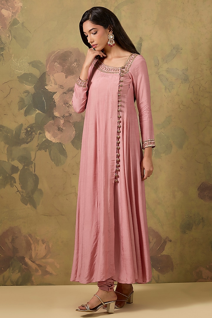 Onion Pink Muslin Hand Embroidered Party Wear Anarkali Set by The House of Ta-Ya at Pernia's Pop Up Shop
