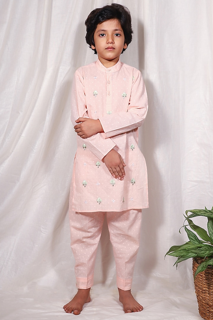 Peach Embroidered Textured Kurta Set For Boys by House of Taya