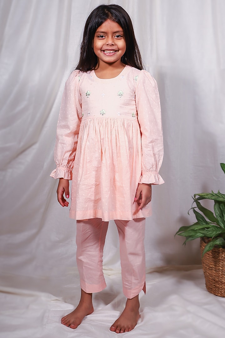 Peach Embroidered Kurta Set For Girls by House of Taya at Pernia's Pop Up Shop