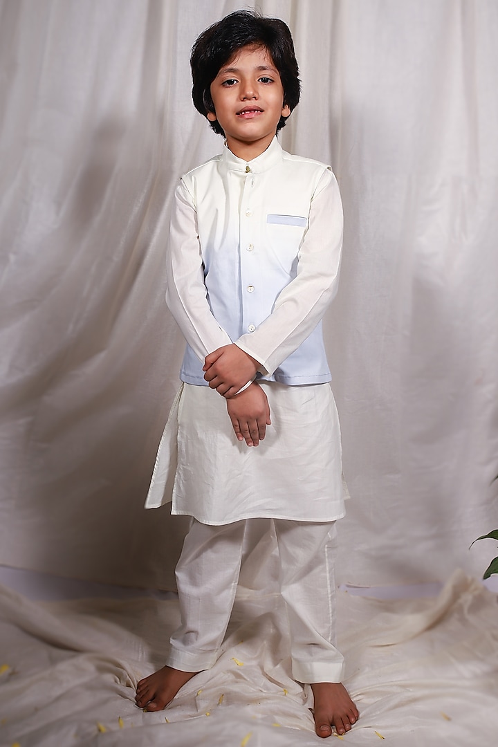 White Kurta Set With Nehru Jacket For Boys by House of Taya