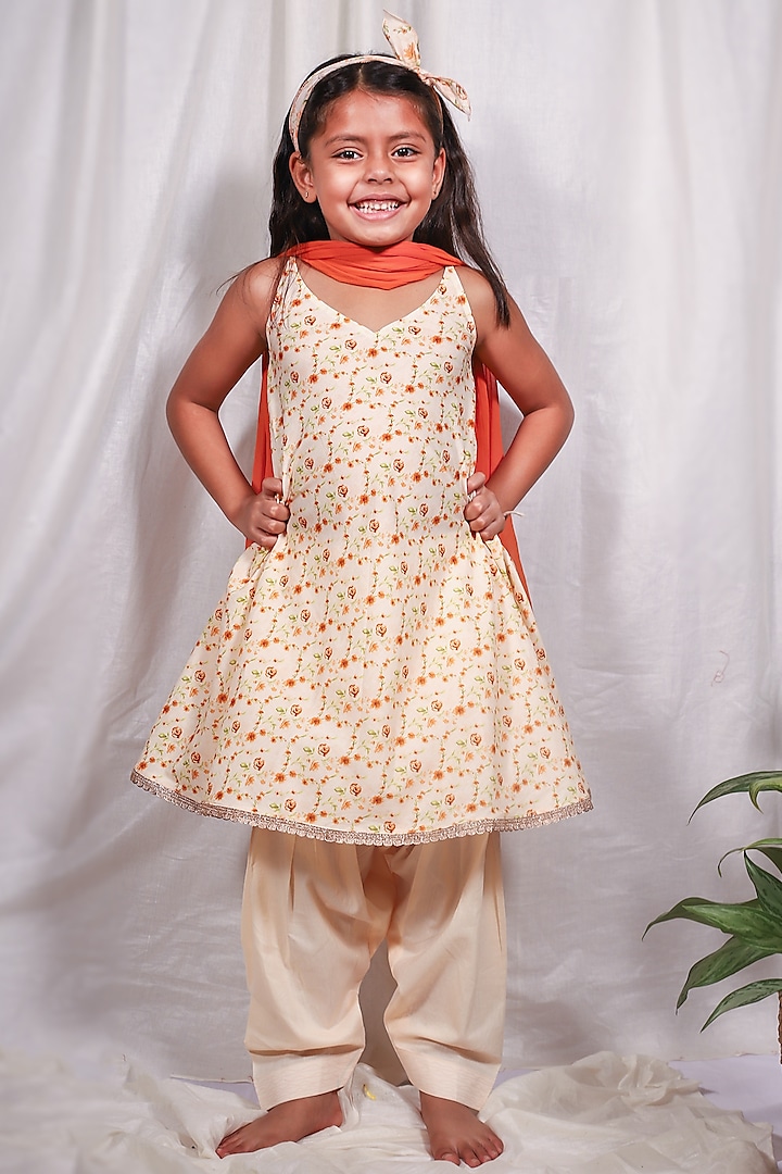 Peach Cambric Printed Kurta Set For Girls by House of Taya