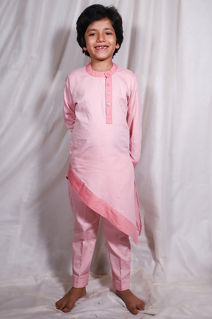 Blush Pink Asymmetrical Kurta Set For Boys by House of Taya