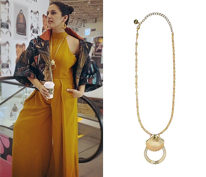 Gold plated shell hoop necklace by Valliyan by Nitya Arora at Pernia's Pop Up Shop