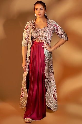Sangria Plum Mulberry Silk Zardosi Embroidered Jacket Set by Osaa By Adarsh