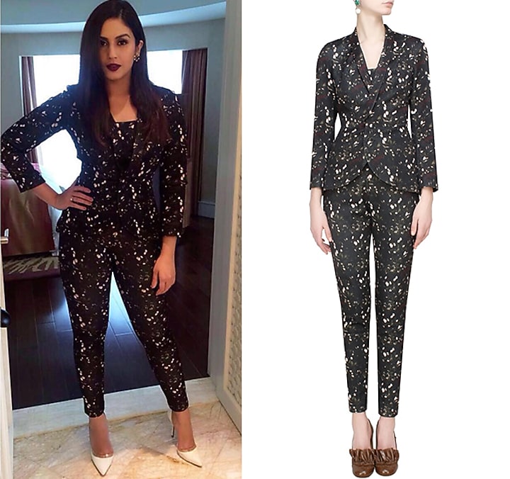 Bhaavya Bhatnagar presents Black, bottle green, white and wine kiem printed backless blazer and pants set available only at Pernia's Pop Up Shop.