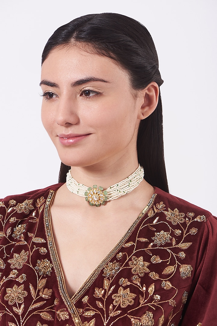 Gold Finish Moissanite Polki Choker Necklace In Sterling Silver by Hunar at Pernia's Pop Up Shop