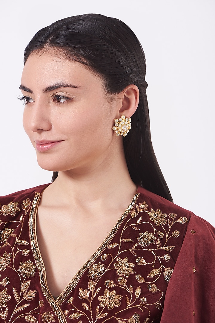 Gold Finish Moissanite Polki Stud Earrings In Sterling Silver by Hunar at Pernia's Pop Up Shop