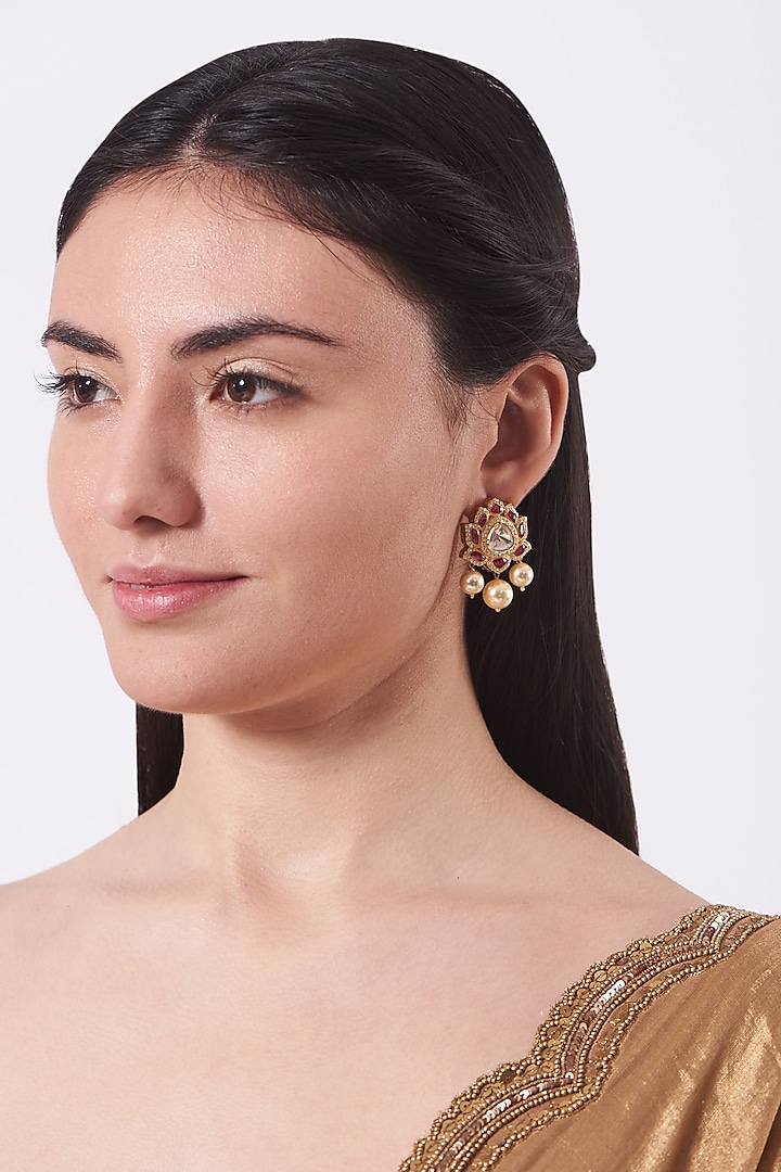 Gold Finish Pearl Dangler Earrings In Sterling Silver by Hunar