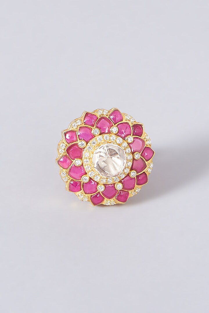 Gold Finish Moissanite Polki Ring In Sterling Silver by Hunar at Pernia's Pop Up Shop