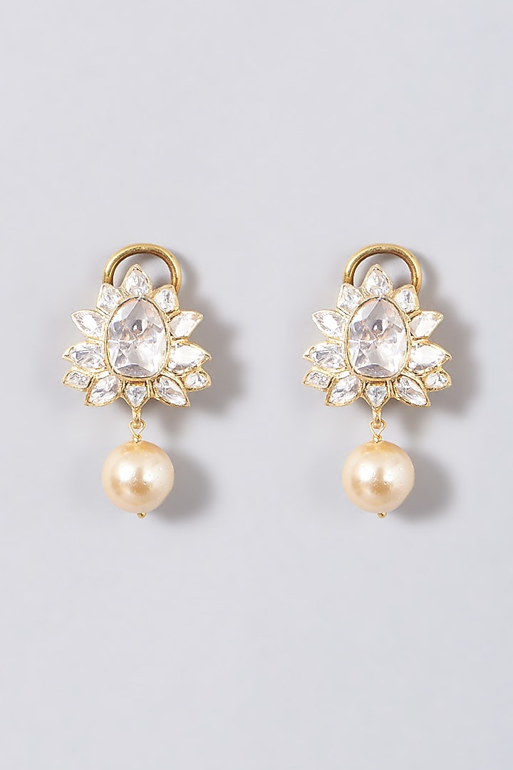 Gold Finish Moissanite Polki Pearl Dangler Earrings In Sterling Silver by Hunar at Pernia's Pop Up Shop
