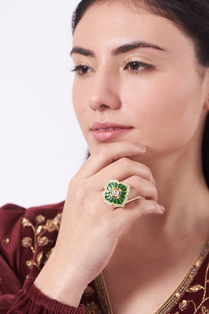 Gold Finish Faux Emerald Ring In Sterling Silver by Hunar