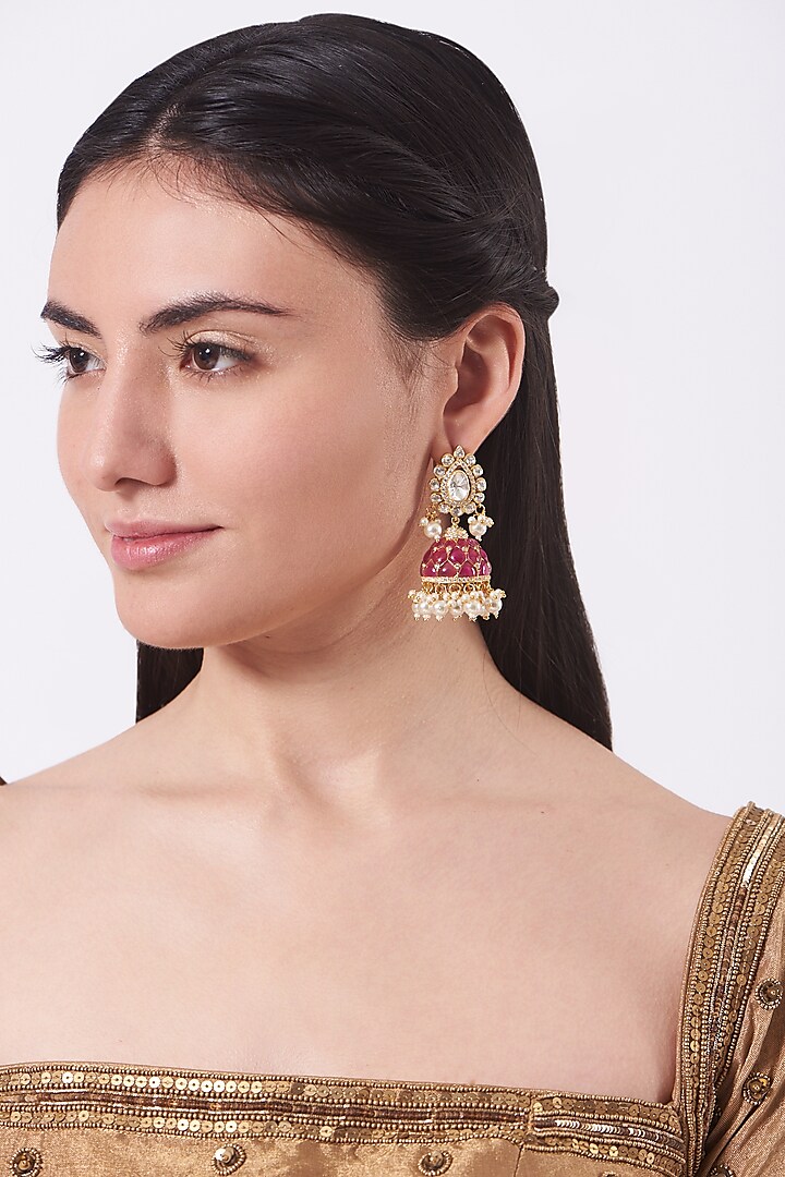 Gold Finish Jhumka Earrings In Sterling Silver by Hunar