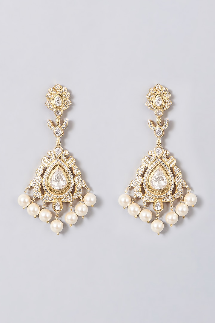 Gold Finish Dangler Earrings With Pearls In Sterling Silver by Hunar at Pernia's Pop Up Shop