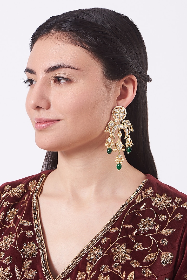 Gold Finish Green Beaded Dangler Earrings In Sterling Silver by Hunar