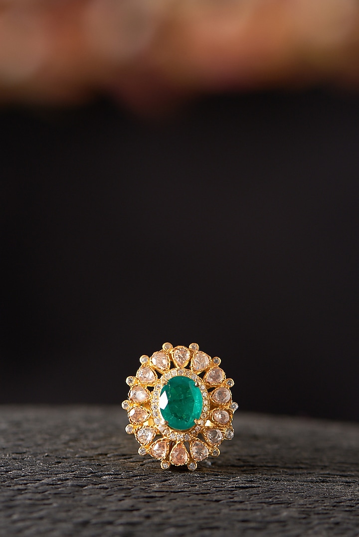 Gold Finish Moissanite Polki & Emerald Ring In Sterling Silver by Hunar at Pernia's Pop Up Shop