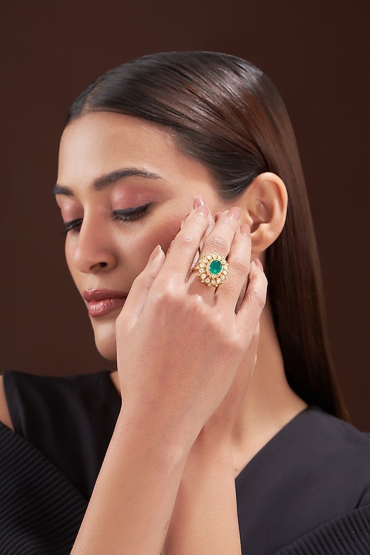Gold Finish Moissanite Polki & Emerald Ring In Sterling Silver by Hunar