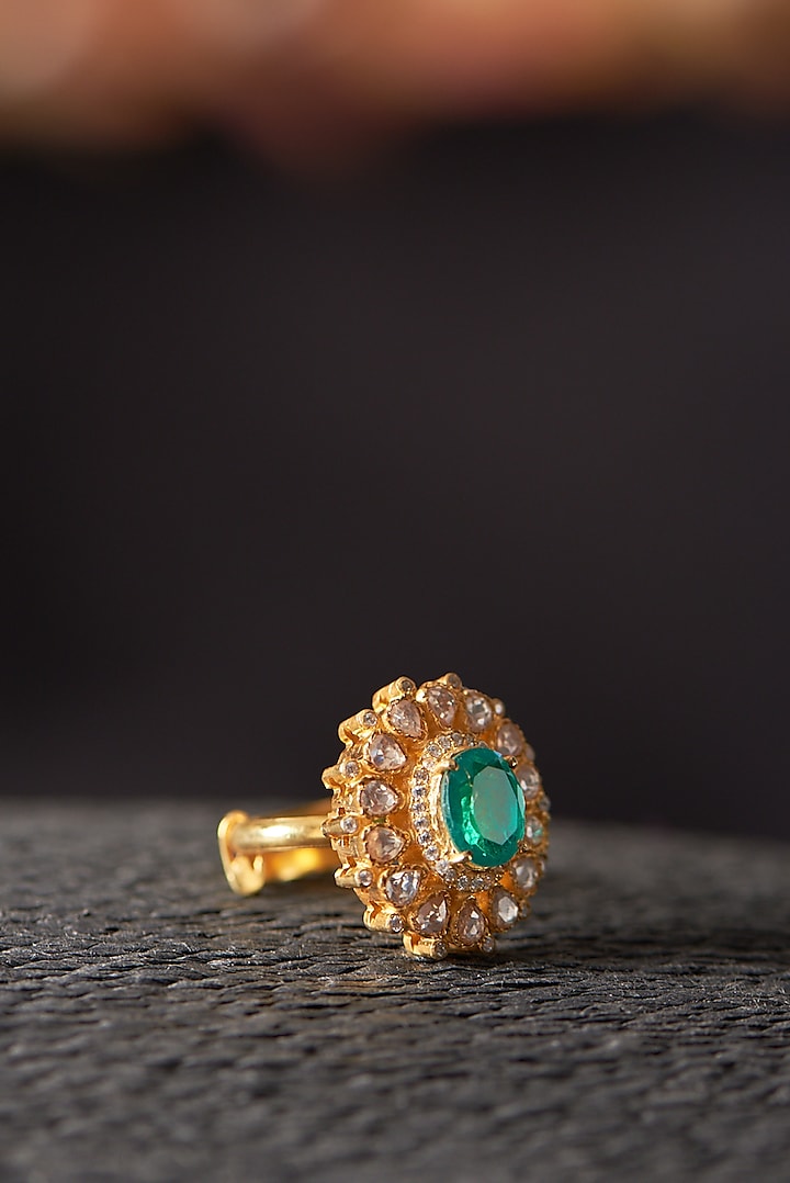 Gold Finish Moissanite Polki & Emerald Ring In Sterling Silver by Hunar at Pernia's Pop Up Shop