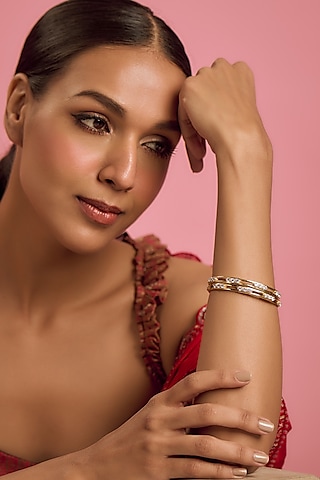 Gold Finish Moissanite Polki Bangles (Set of 2) by Hunar