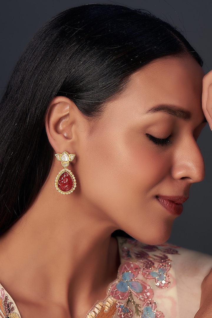 Gold Finish Moissanite Polki & Ruby Stone Dangler Earrings In Sterling Silver by Hunar at Pernia's Pop Up Shop