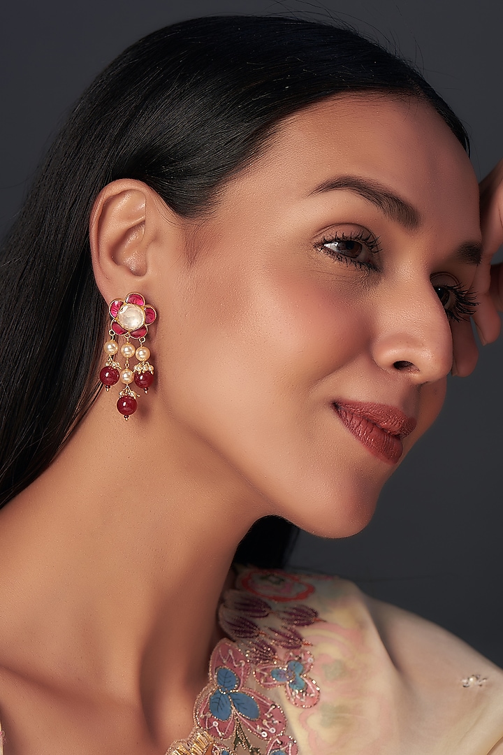 Gold Finish Moissanite & Ruby Synthetic Stones Dangler Earrings In Sterling Silver by Hunar at Pernia's Pop Up Shop