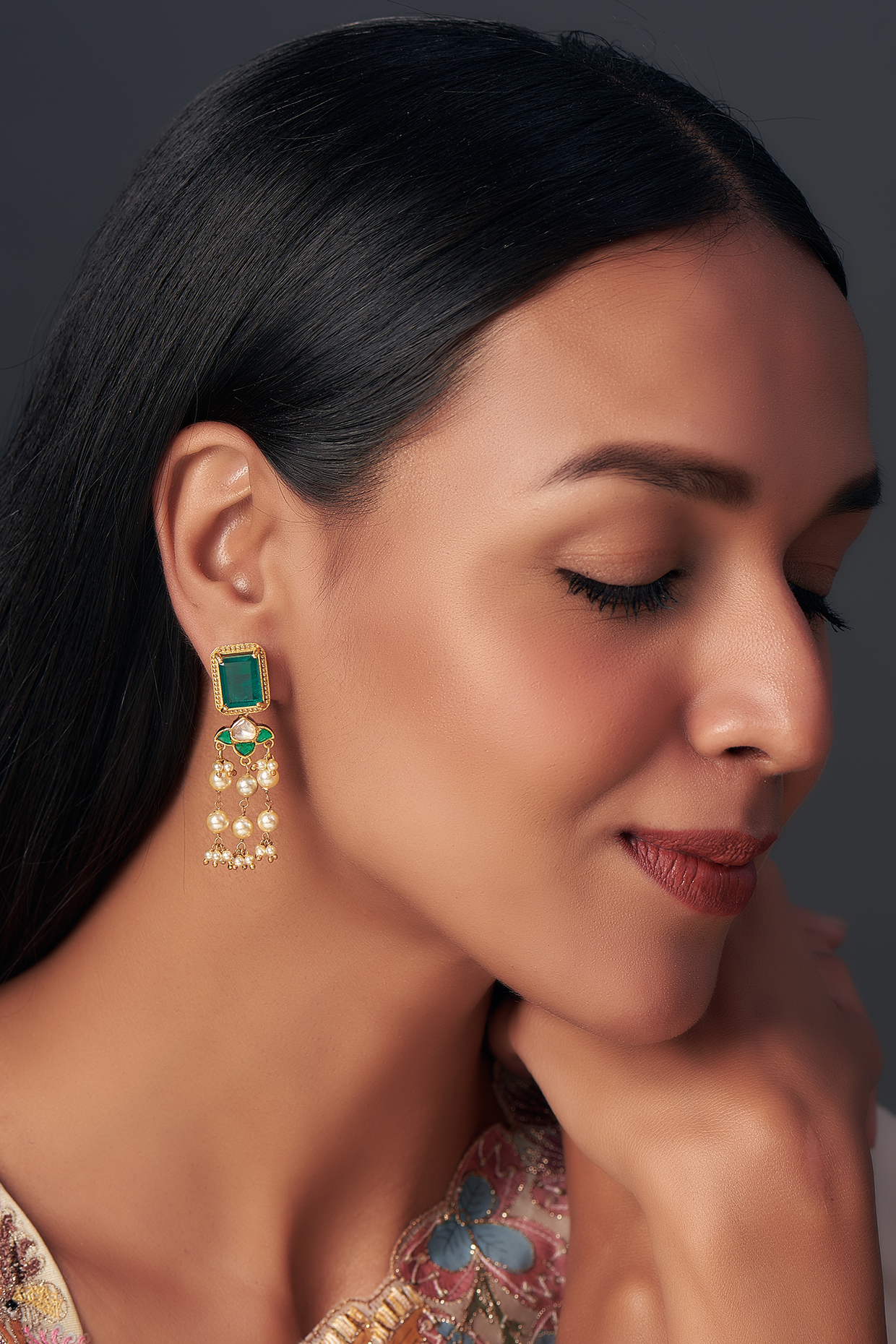 Gold Finish Moissanite & Emerald Synthetic Stone Dangler Earrings In Sterling Silver by Hunar at Pernia's Pop Up Shop