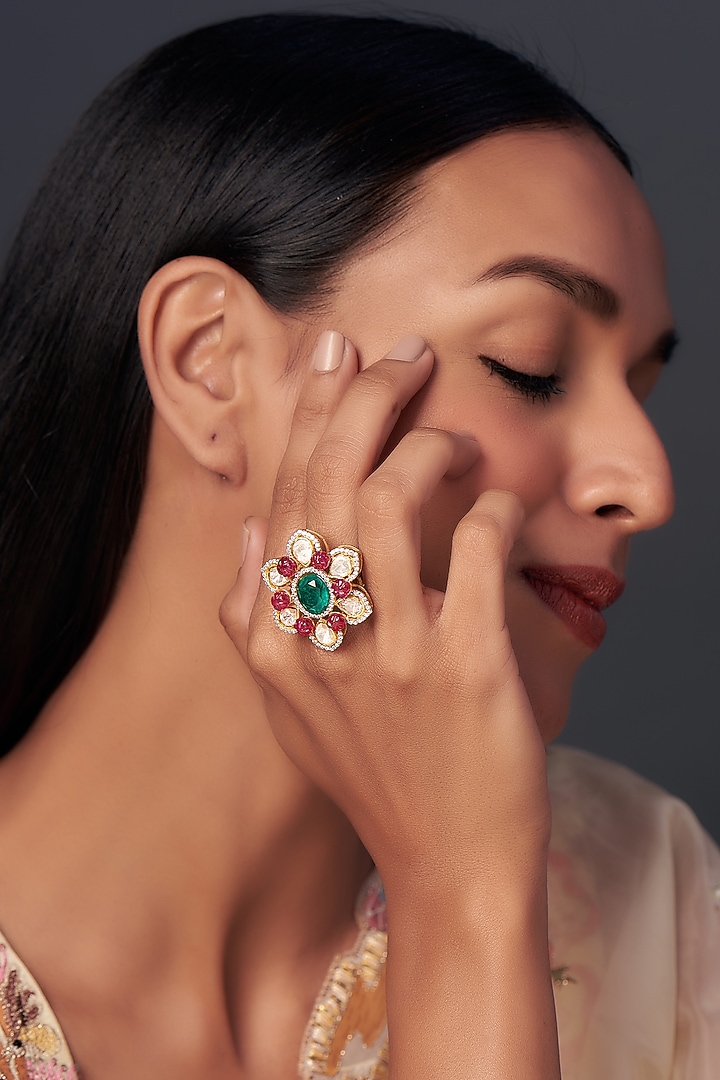 Gold Finish Faux Emerald & Ruby Stone Ring In Sterling Silver by Hunar at Pernia's Pop Up Shop