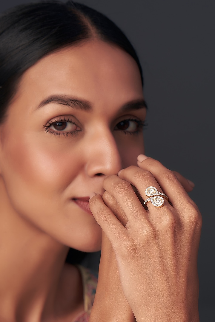 Gold Finish Moissanite Polki Ring In Sterling Silver by Hunar at Pernia's Pop Up Shop