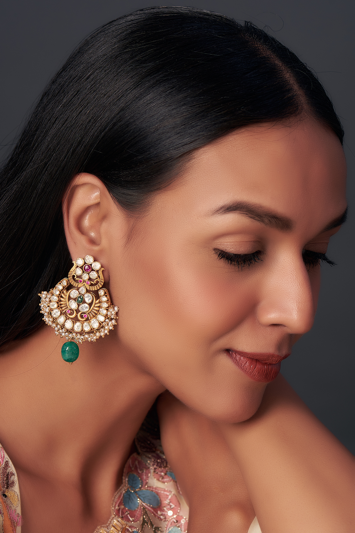 Gold Finish Moissanite & Ruby Synthetic Stones Chandbali Earrings In Sterling Silver by Hunar at Pernia's Pop Up Shop