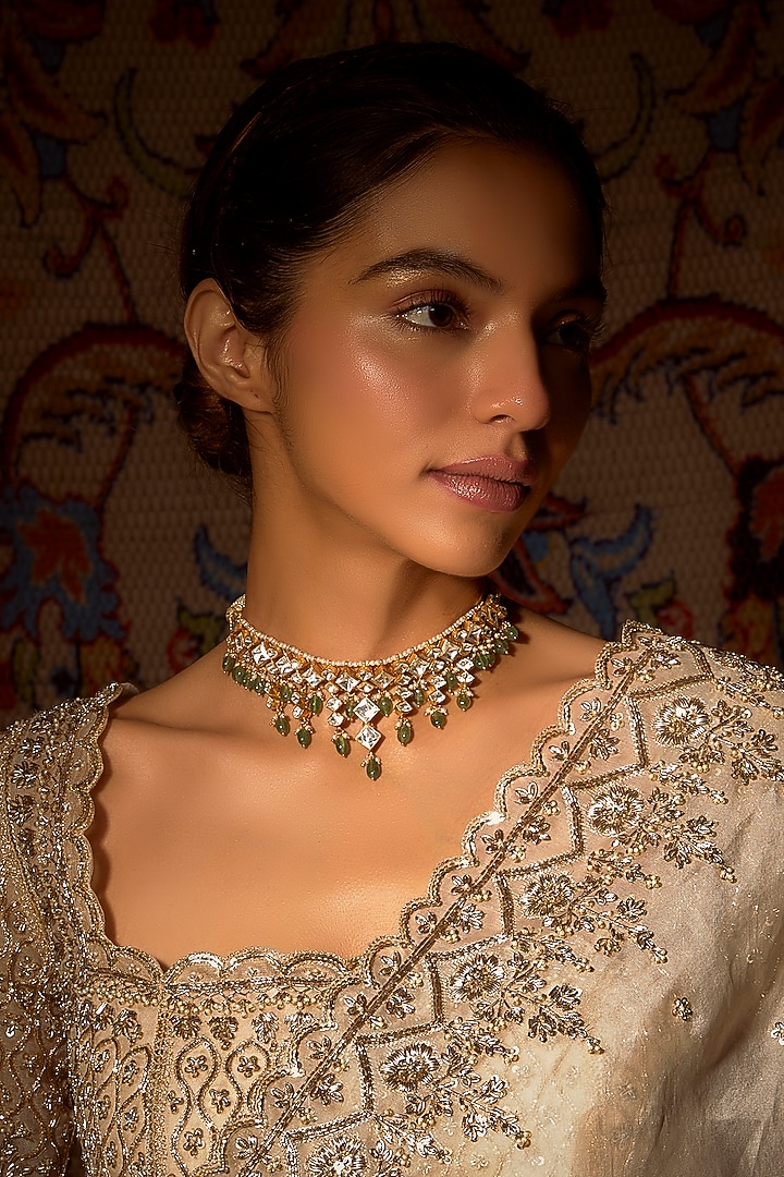 Gold Finish Moissanite Polki & Emerald Choker Necklace In Sterling Silver by Hunar at Pernia's Pop Up Shop