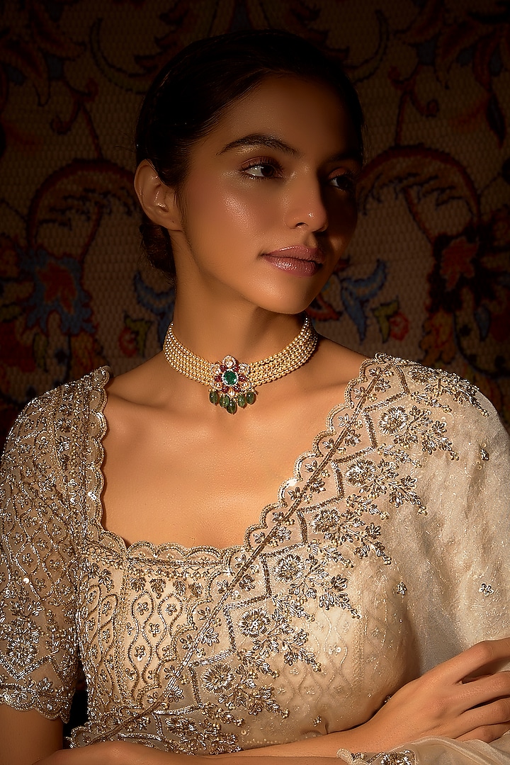 Gold Finish Faux Emeralds & Ruby Necklace In Sterling Silver by Hunar at Pernia's Pop Up Shop