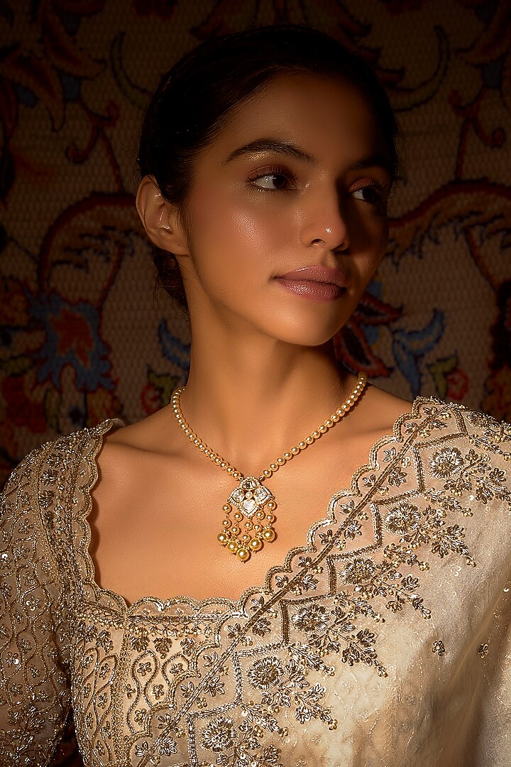 Gold Finish Moissanite Polki & Pear Necklace In Sterling Silver by Hunar at Pernia's Pop Up Shop