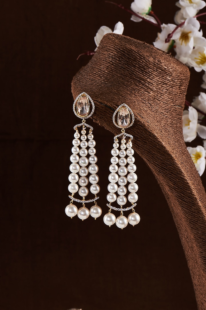 Gold Finish Moissanite Polki & Pearl Dangler Earrings In Sterling Silver by Hunar at Pernia's Pop Up Shop