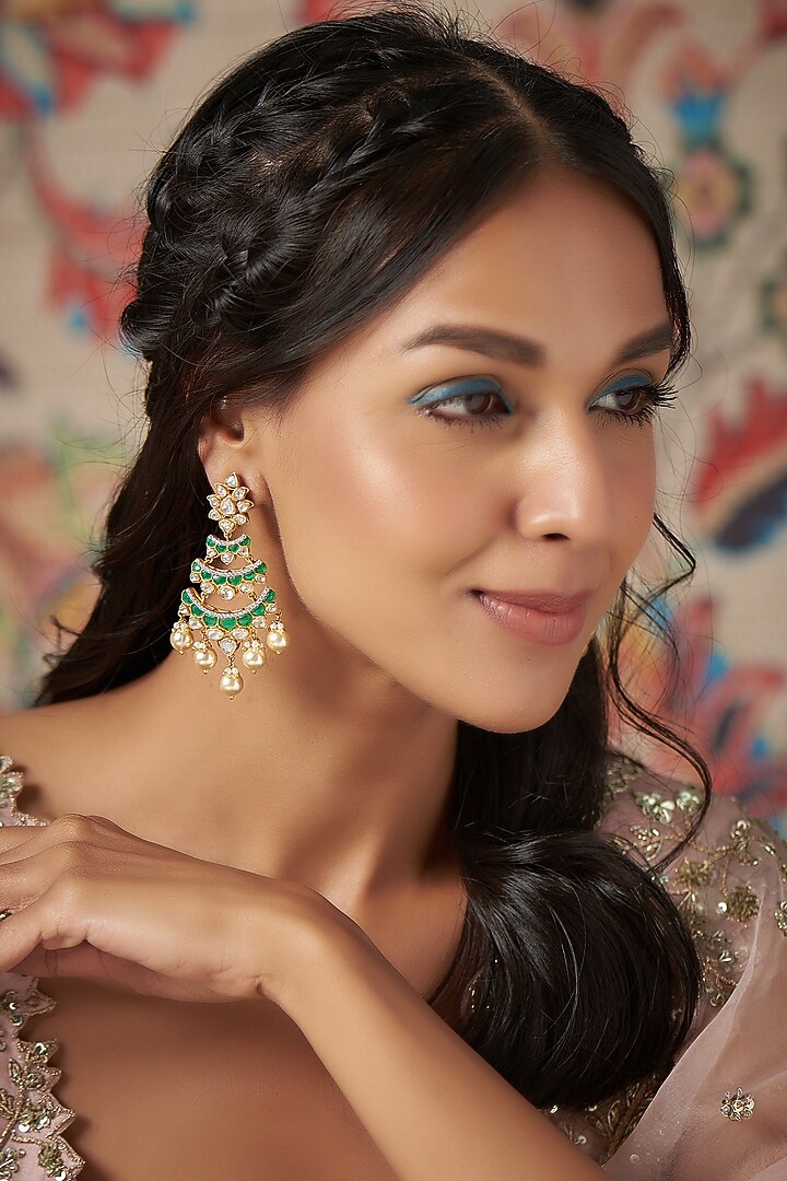 Gold Finish Moissanite Polki & Pearl Dangler Earrings In Sterling Silver by Hunar at Pernia's Pop Up Shop