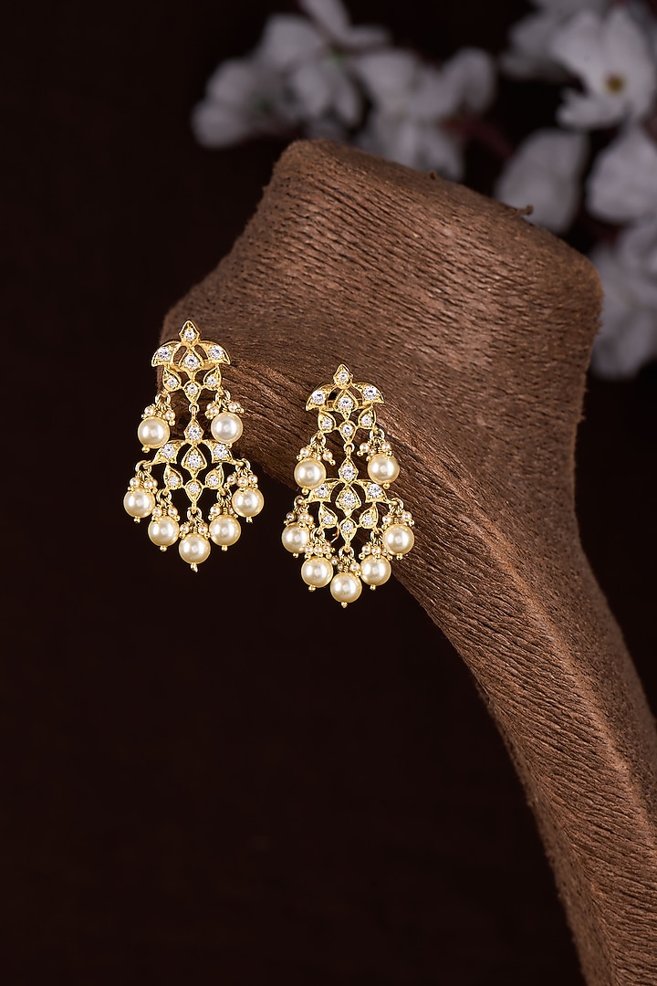 Gold Finish Moissanite Polki & Pearl Dangler Earrings In Sterling Silver by Hunar at Pernia's Pop Up Shop
