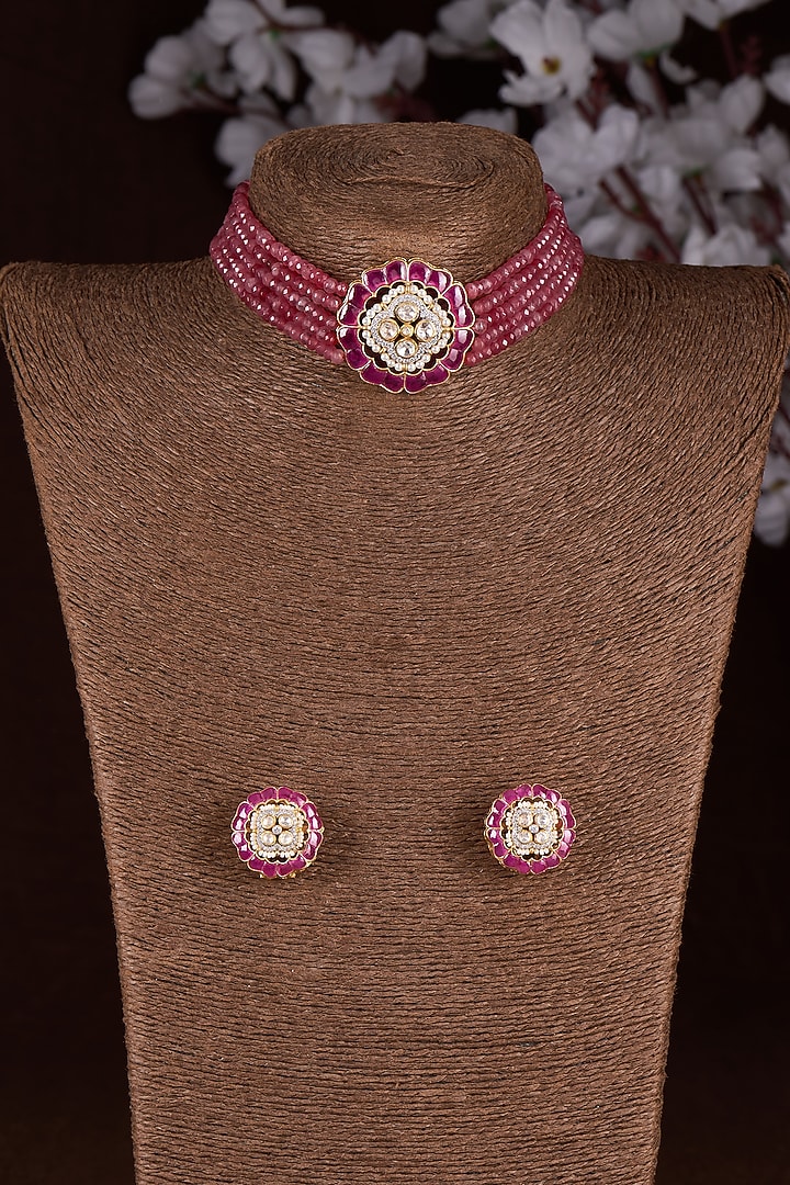 Gold Finish Moissanite Polki & Red Stone Choker Necklace Set In Sterling Silver by Hunar at Pernia's Pop Up Shop