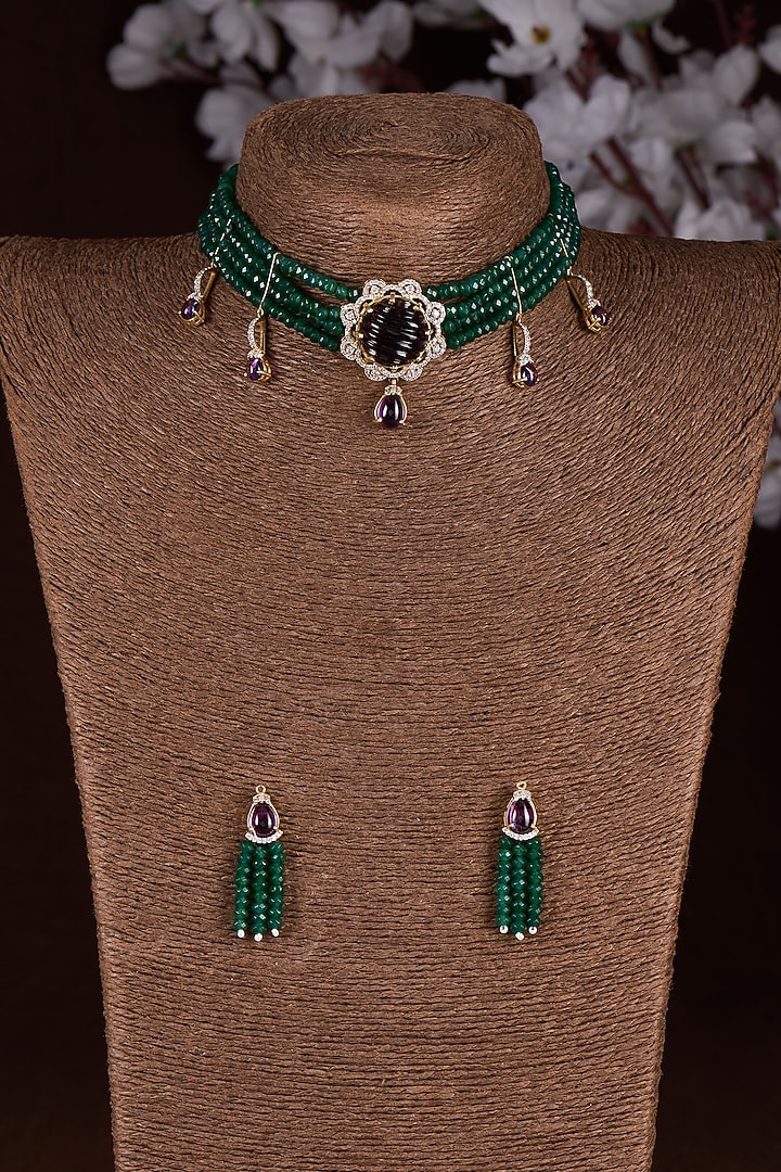 Gold Finish Moissanite Polki & Green Stone Choker Necklace Set In Sterling Silver by Hunar at Pernia's Pop Up Shop