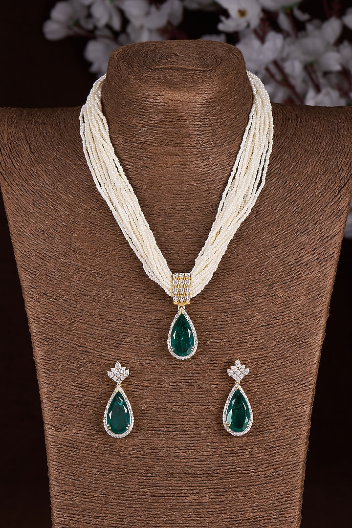 Gold Finish Moissanite Polki & Green Stone Long Necklace Set In Sterling Silver by Hunar at Pernia's Pop Up Shop