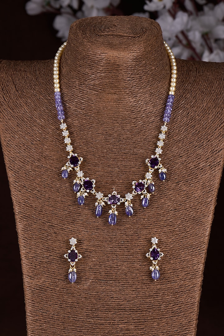 Gold Finish Moissanite Polki & Purple Stone Long Necklace Set In Sterling Silver by Hunar at Pernia's Pop Up Shop